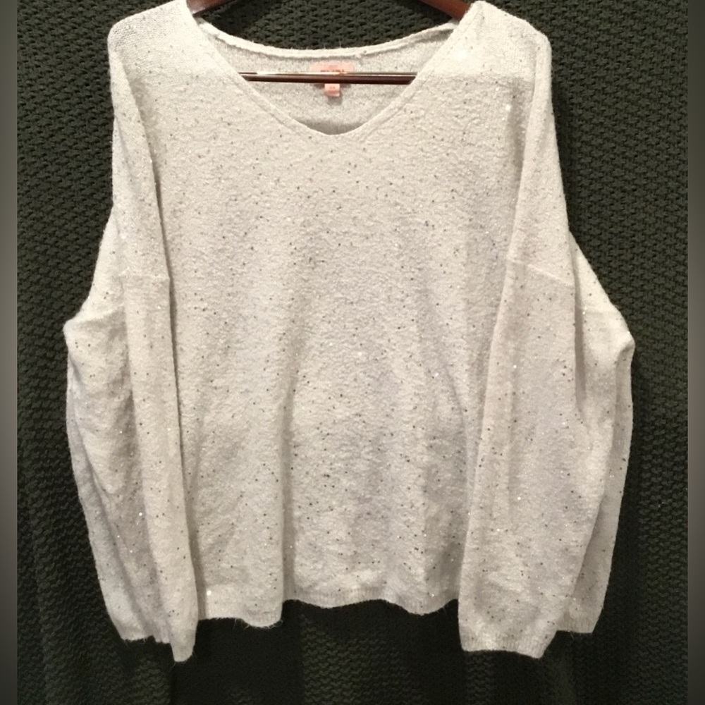 Evri Women’s Ivory Plus Size V-Neck Pullover Sequined Sweater; Size 3X